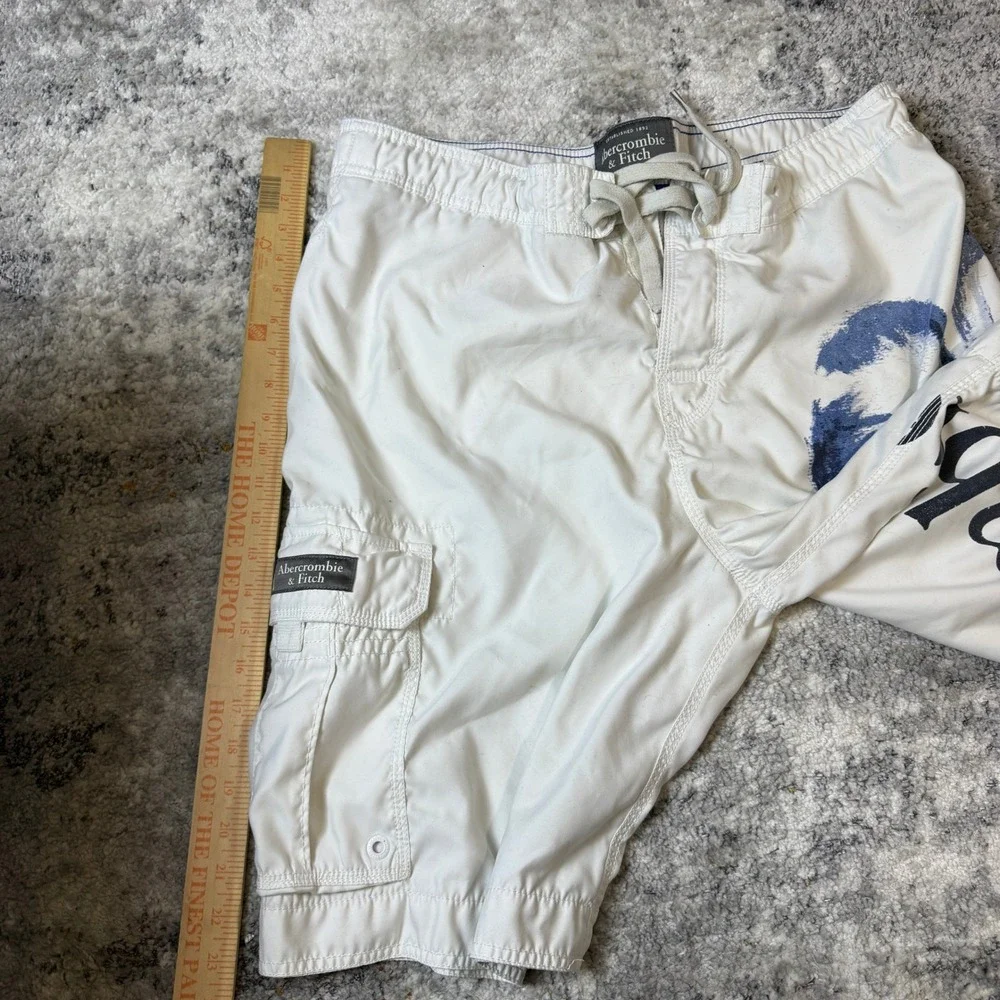 Abercrombie & Fitch Mens XL Board Shorts White Blue‎ Hibiscus Floral Cargo Swim